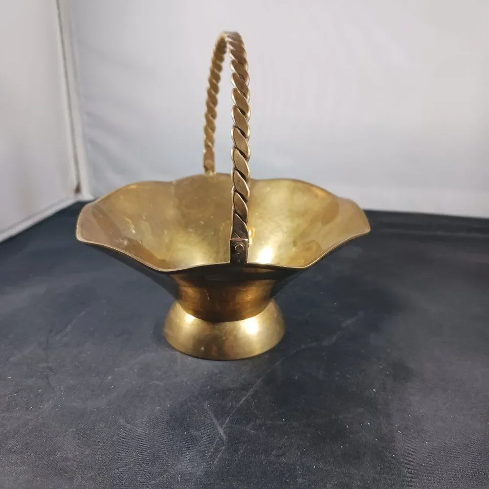 Vintage Small Solid Brass Basket with Handle